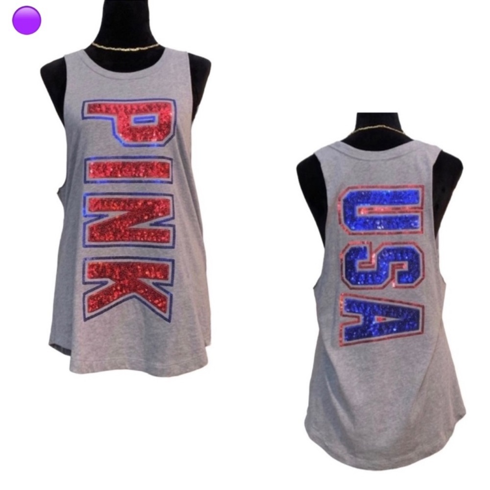 Victorias Secret PINK NWT Gray Sleeveless “USA” Sequin Muscle Tank XS - Picture 10 of 10